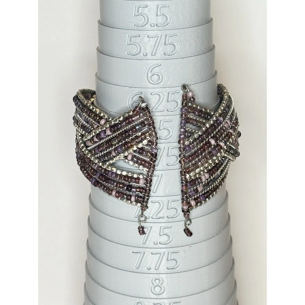 Purple Glass Bead Memory Wire Cuff Bracelet Silver Tone Wide Boho Statement